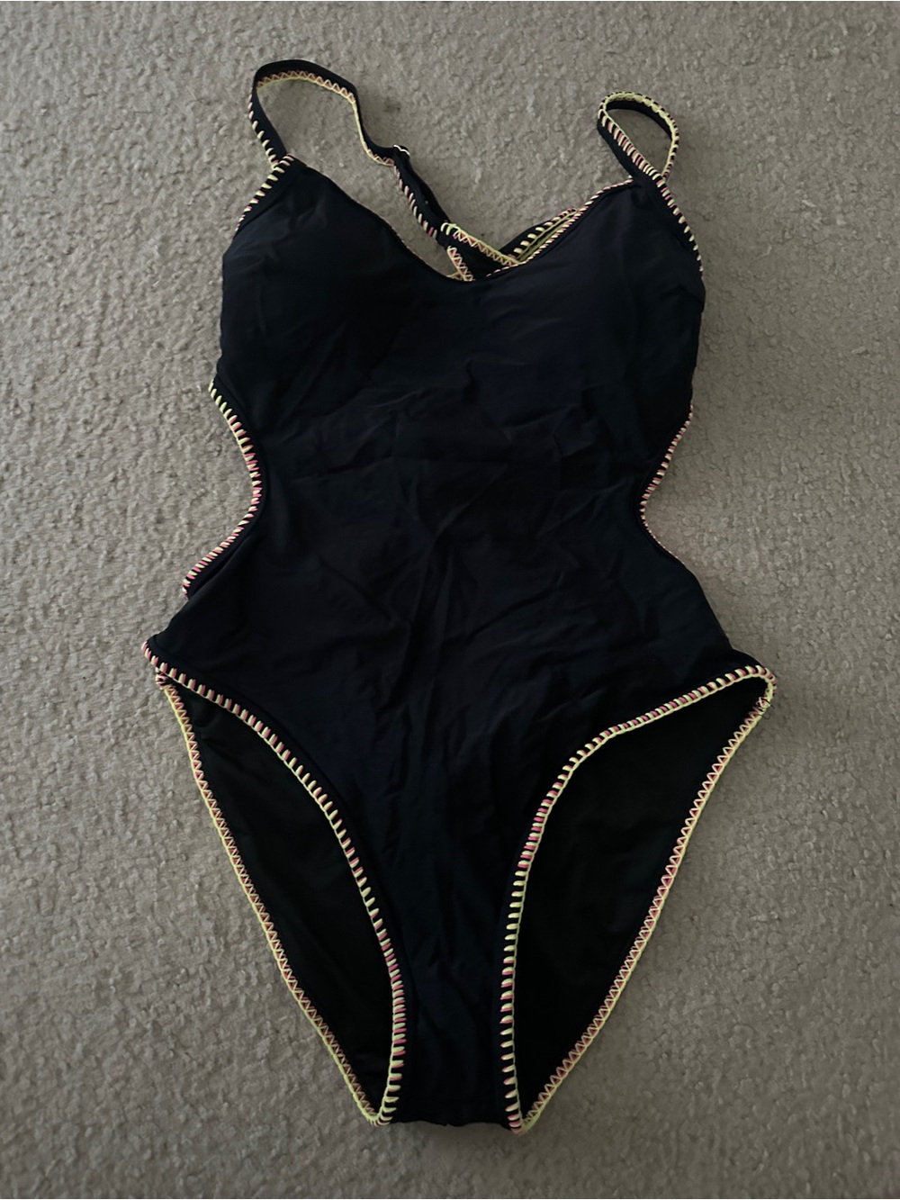 Popvil Women’s Black One-Piece Swimsuit with Neon Stitch Trim and cutout back